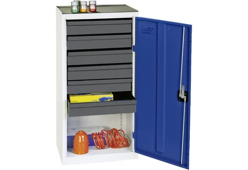 Beistellschrank B500xT500xH1000 mm RAL 7035/5010 mit 6 Schubladen - Robuster Werkzeug- und Materialschrank für vielfältige Einsatzbereiche. Hergestellt aus hochwertigem Feinblech, pulverbeschichtet und langlebig. Mit zentralem Drehverschluss und höhenverstellbaren Schubladen für optimale Organisation.
