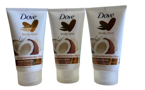 Dove Body Love Handcreme mit Kokos-Mandelduft (3x75ml) - Unisex Handcreme für trockene Haut, mit regenerierendem Kokos- und Mandelduft, ideal für intensive Pflege und Schutz der Hände.