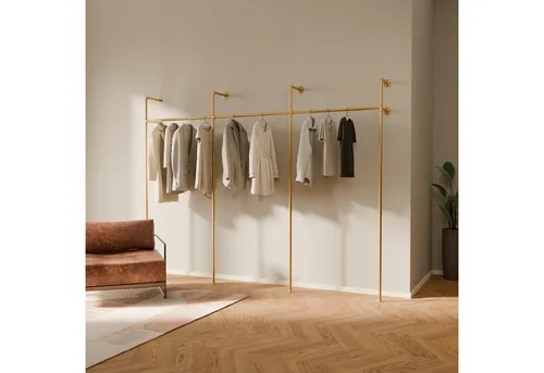 pamo. design Kleiderständer KIM - Offener Kleiderschrank im Industrie Design - Kleiderständer im Industrial Style, goldfarben und wandmontierbar. Maximale Traglast von 40 kg je Querstange, ideal für stilvolle und funktionale Garderobenlösungen.