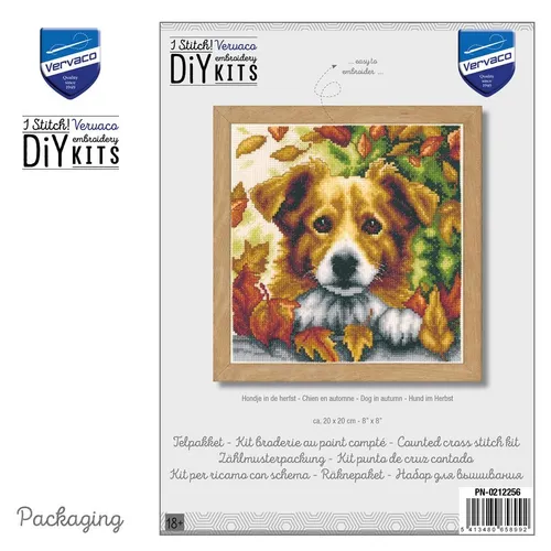 Vervaco PN-0147275 Zählmusterpackung Hund im Herbst - Kreatives Kreuzstich-Set für ein bezauberndes Hundemotiv im Herbst. Enthält alles Notwendige wie Garn, Nadel und Anleitungen für ein gelungenes Projekt.
