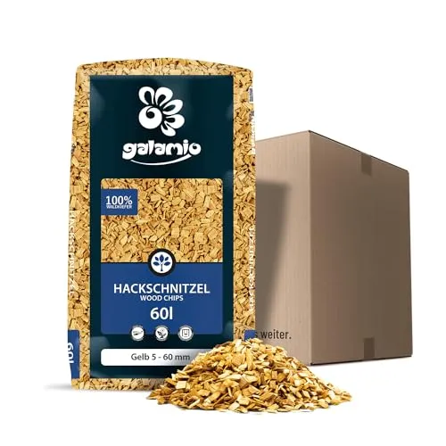 GALAMIO Holzhackschnitzel Gelb Hackschnitzel Mulch Natur Wald Kiefer Pinus Sylvestris Garten Dekor Holz Häcksel Grob 5-60mm 60l Sack / 1 Karton Paligo