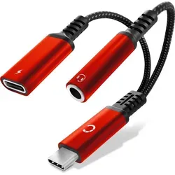CELLONIC 2-in-1 Adapter USB-C Klinke, 3,5 mm Aux-Splitter Audio und Ladeanschluss mit 60 W Power Delivery, USB-C Schnellladekabel Kompatibel mit iP... - Rot