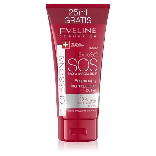 Eveline Cosmetics Extra Soft SOS Handcreme 100ml - Regenerierende Handcreme mit Hyaluronsäure und 5% Urea für sofortige Feuchtigkeit und Pflege, ideal für weiche und geschmeidige Hände.