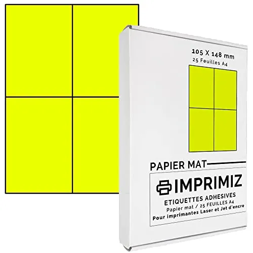 selbstklebende Etiketten neongelb von 105 x 148,5 mm - 4 Etiketten/Blatt - 25 Blatt A4 / Papier matt - Farbe - Für Inkjet/Laser/Kopier Drucker - Etiketten farbig 100