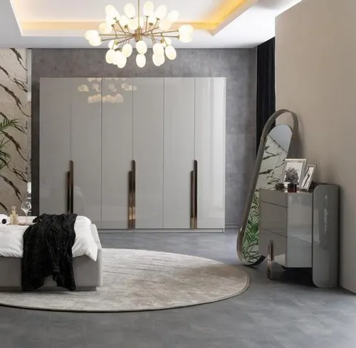Hochglanz Kommode mit Standspiegel und Kleiderschrank in Grau - Moderne Garderobenkombination mit 6 Türen, 8 Regalfächern und 2 Schubladen. Ideal für das Schlafzimmer, pflegeleicht und platzsparend. Eleganter Hochglanz-Edelstahl und Glas sorgen für einen stilvollen Look.
