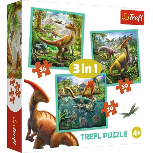 Trefl Puzzle Die außergewöhnliche Welt der Dinosaurier - 3 Sets mit 20 bis 50 Teilen, fördert Kreativität und Lernspaß für Kinder ab 4 Jahren