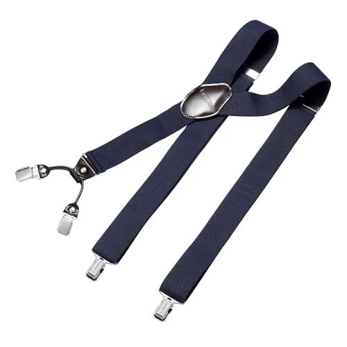DonDon Hosenträger Herren extra stark navy-blau 3,5 cm Hosenträger Herren breit mit brauem Leder in Y-Form lang - Starke Clips passend für Anzug Jeans Chinos Vintage Rockabilly Suspenders