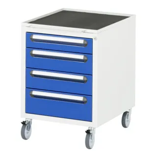 Rau Rollcontainer aus Metall, lichtgrau/blau, abschließbar mit 4 Schüben - Unterbauschrank mit 4 abschließbaren Schubladen, ideal für sicheres und organisiertes Arbeiten. Robuste Metallkonstruktion, made in Germany – perfekt für Büros und Werkstätten.