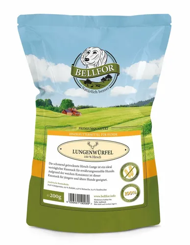 Bellfor Hundesnack Kausnack Trockenfleisch mit Hirsch Lungenwürfel für Hund 200g