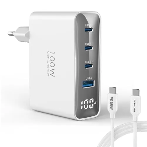 TOPADRE 100W USB C Ladegerät mit 4 Ports und LED Display