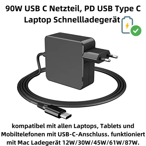 B28C 90W USB C Netzteil - Universelles Laptop Ladegerät - Notebook-Netzteile/-Ladegeräte mit 90W Leistung, ideal für verschiedene Spannungen (5V-20V) und ausgestattet mit einer 2-jährigen Herstellergarantie.