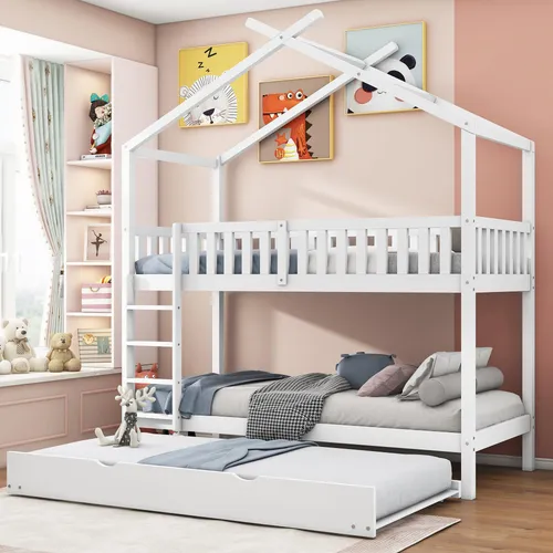 Etagenbett mit 2 Liegeflächen und Gästebett, 90x200 cm, Kinderbett mit Rausfallschutz - Das Etagenbett bietet zwei Schlafgelegenheiten und ein praktisches Gästebett, ideal für kleine Räume. Hergestellt aus stabilem Massivholz mit umlaufendem Absturzschutz für mehr Sicherheit.