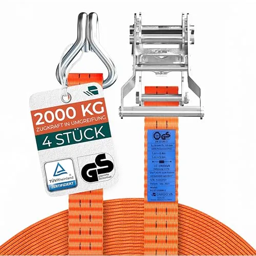 Schwerlast Spanngurte mit Ratsche 2000kg 6M 35MM – TÜV/GS (DIN EN 12195-2) – Zurrgurte mit Haken in Profiqualität [4er Set]