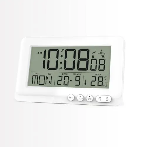HAPPMY Funkwecker Digitalmit 2 Weckzeiten, Wecker Digital mit Licht, Funkuhr mit Temperaturanzeige, Digital Uhr mit Datum und Wochentag, Digitaler Wecker Batteriebetrieben Weiß