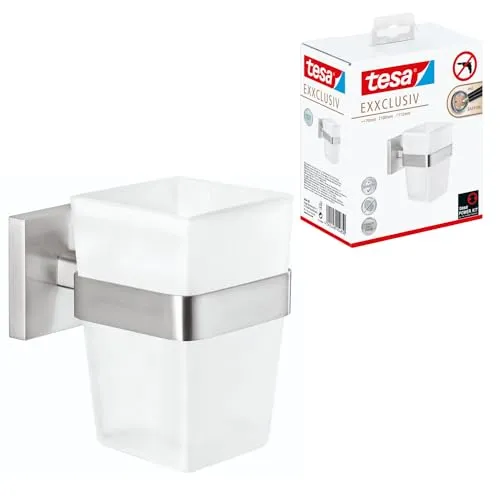 tesa EXXCLUSIV Zahnputzbecher mit Halterung - Milchglas & Chrom - Zahnbürstenhalter mit modernem Design, einfache Wandbefestigung ohne Bohren - ideal für Mietwohnungen und hinterlässt keine Schäden.