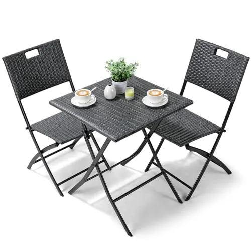 LIFERUN Bistro Gartenmöbel Set 3-teilige, Balkonmöbel Rattan Set, 1 Klapptische und 2PCS Klappstühle, Grau Balkon Set, Balkonmöbel Klappbar, Rattan-Sitzgruppe für Balkon, Terrasse und Garten