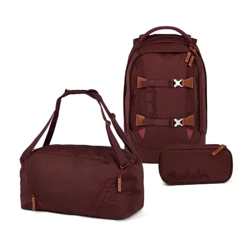 satch Pack Nordic Black Skandi Edition Schulrucksack Set 3tlg. - Schulranzen Set mit Schlamperbox und Sporttasche, aus 100% recyceltem Material, edles Design mit Metallic-Schnallen und ledernen Akzenten für einen stilvollen Auftritt.