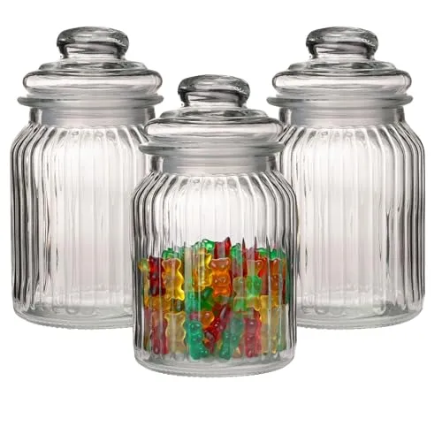 Vorratsglas mit Glasdeckel in geriffelter Form H 18 cm - 900 ml - Bonboniere - Aufbewahrungsgläser - Vorratsglas mit Deckel - Vorratsbehälter aus Glas mit Deckel Größe 2 x (H 18 cm - Ø 10 cm) 2 x
