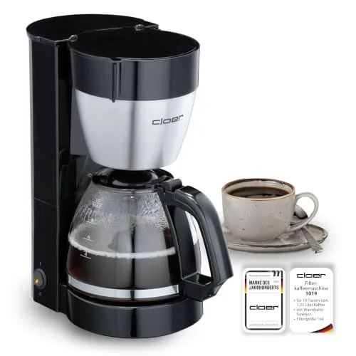 Cloer 5019 Filterkaffeemaschine für 8 Tassen, Warmhaltefunktion, Tropfstopp & Auto-Off, Glaskanne, Filtergröße 1x4, Kunststoff,schwarz, 800 W