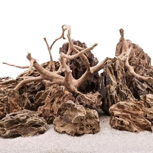 AquaOne Aquarium Steine Drachensteine Set mit Wurzel I Natursteine Dragon 25kg Mix und Mookienwurzel XL I Aquascaping Gestein I Felsen Dekoration I Rückwand braun