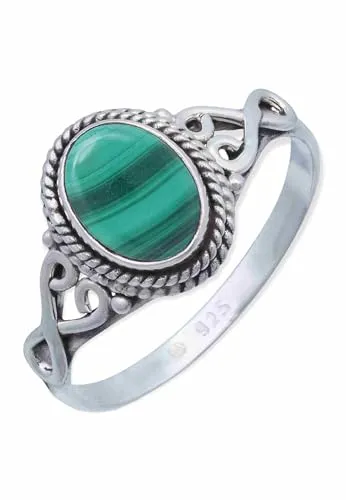 mantraroma Damen Ring Silber mit Stein Malachit Edelstein grün ausgefallen verspielt