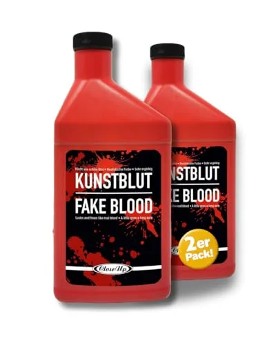 Flasche Kunstblut | 2er Packung - rot - Theater-Blut Filmblut | Halloween, Horror Effekt Dekoration, 473 ml., für Fasching, Cosplay, sehr ergiebig, wiederverschließbar, Fake Blood | 2x 473 ml