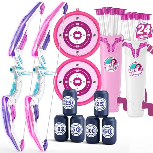 HYES 2 Pack Pfeil und Bogen für Kinder, Bogenschießen Set mit Bogen, Saugnapfpfeile, Hängendes Ziel, Pfeilhalter, Score Ziele, Indoor Outdoor Spielzeug Geschenk für Jungen Mädchen