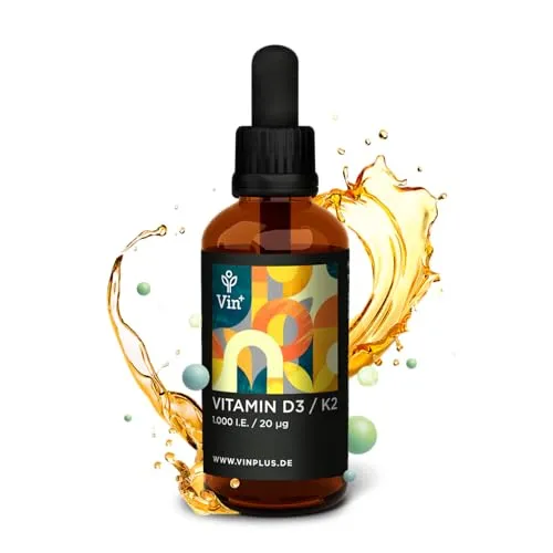 Vinplus Vitamin D3 K2 1000 IE Tropfen - 50 ml flüssig - Premium: 99,7+% All-Trans - ca. 1700 Tropfen mit Vitamin D + K - Vegetarisch, ohne Zusätze, in Deutschland produziert