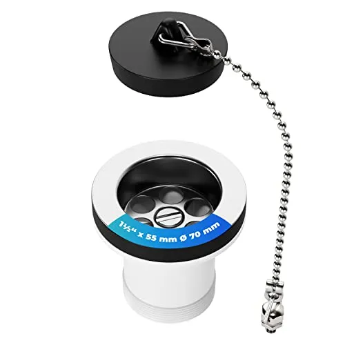 AQUADE Ablaufgarnitur 70mm 1½“ x 55mm Ablaufventil Universal für Spüle | mit Stöpsel und Kette 190mm, mit KH M6 x 10 mm, aus farblosem PA6 Kunststoff, für Waschbecken, Schwarz/Silber