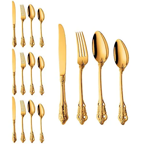 WULUN Edelstahl Besteck-Set Barock 16-teilig für 4 Personen mit Messer Gabel Löffel Kaffeelöffel, Antik Königliche Stil, Spülmaschinenfest