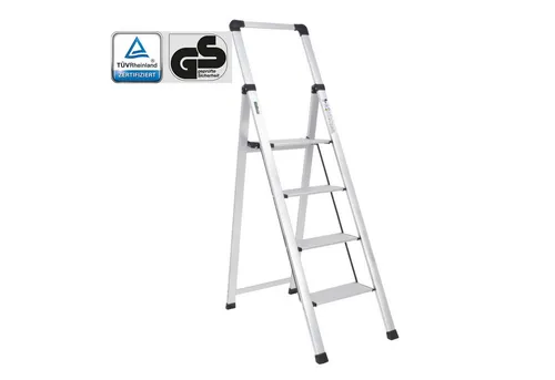 TRUTZHOLM Trittleiter Alu Trittleiter 4-stufig silber klappbar mit Handlauf 150 kg TÜV GS (1-St), leicht, rostfrei, Handlauf