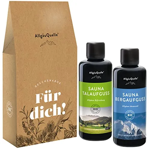 FÜR DICH 2ER SAUNA SET GESCHENKSET - Sauna-Geschenkset mit 2 x 100 ml natürlichen Saunaaufgüssen aus 100 % ätherischen Ölen, ideal zum Entspannen und Verschenken, hergestellt im Allgäu.