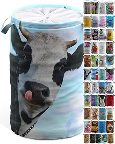 Sanilo Wäschekorb faltbar, stabiler runder Wäschesammler 60 Liter, Wäschesack mit Griffen und Abdeckung (Kuh)