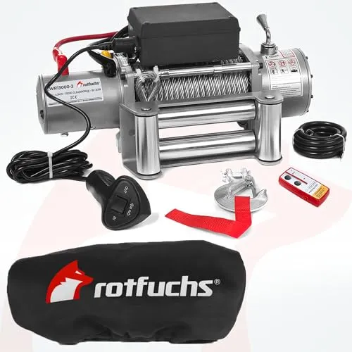 ROTFUCHS Elektrische Seilwinde 12v mit Funkfernbedienung & Schutzhülle – 5909 kg 13000 lbs, 6 PS Power Offroad 4x4 Motorwinde Umlenkrolle Forst Seilzug mit Stahlseil
