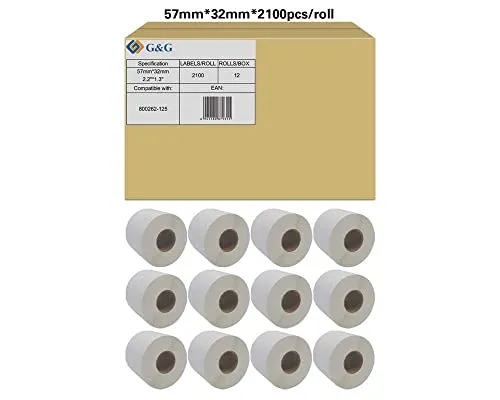 12x 2100 Etiketten ersetzt Zebra 800262-125 - 57 x 32 mm, bedingt resistent gegen Feuchtigkeit und Fette, ideal für Mehrzwecketikettierung