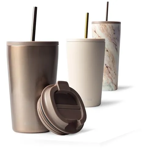 MAMEIDO Thermobecher mit Strohhalm 470 ml – Isolierter Edelstahlbecher in Rosé Quartz - Hochwertiger doppelwandiger Thermobecher mit Strohhalm, der Getränke bis zu 4h heiß und 12h kalt hält. Ideal für unterwegs – stylisch, auslaufsicher und perfekt für Deinen aktiven Lebensstil.