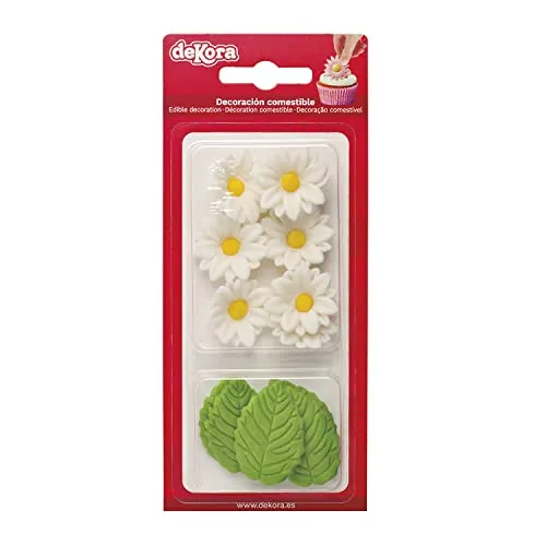 Dekozauber24 Essbare Blumen für die Torte, weiße Zuckerblumen, vegetarisch, 7 Blüten, mit 5 Blättern, essbare weisse Tortendeko für Muffins, Cupcakes, Torten und mehr