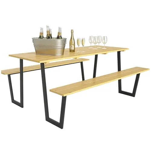 Outsunny Bierzeltgarnitur Holz 3-teilig - Bierzeltgarnitur aus Fichtenholz mit zwei Bänken, ideal für 6–8 Personen. Integriertes Schirmloch für Schatten und robustes Stahlgestell bieten perfekten Komfort für Gartenpartys.
