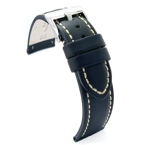diloy Uhrenarmband aus geöltem Rindsleder mit weißer Naht – Sportlicher Stil für robuste Uhren – Größen 18mm 20mm 22mm 24mm 26mm – Schwarz Braun Blau oder Rot 377 Schwarz 26mm