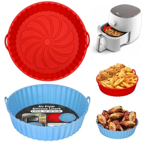 Alyvisun Silikonform für Heißluftfritteuse, 2 Stück Air Fryer Silikonmatte Wiederverwendbar Silikon Backform Pot Zubehör Runde Einsätze Liner für Airfryer, Mikrowelle, Ofen(Rot+Himmelblau)