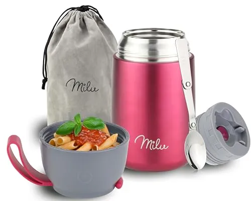 Milu® Thermobehälter für Essen 650ml, Edelstahl Warmhaltebehälter mit Löffel, Thermobecher Essen, Thermo Lunchbox für Kinder, Erwachsene, Thermobox Suppen, Babybrei, Speisebehälter Berry, 650ml