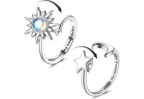 Adramata Silberring 2er Set Silber Spinner Ringe Sonnenblume Mondstein Verstellbar Anti