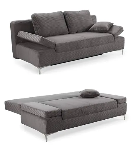 luma-home Schlafsofa 15204 mit Bettfunktion, 202 cm, Cord Grau Anthrazit - Stylisches Schlafsofa mit Gästebettfunktion und integriertem Bettkasten – perfekt für jeden Raum! Der hochwertige Cord-Bezug und die verstellbaren Armlehnen bieten Komfort und Flexibilität.