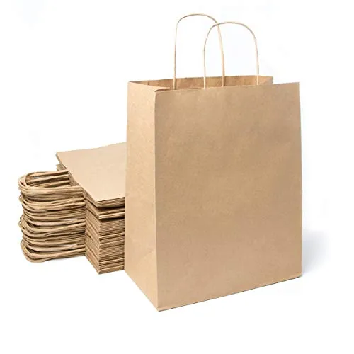 braune Einkaufstaschen aus Kraftpapier mit Griffen – 26 x 14 x 32 cm, Einkaufstasche/Geschenkverpackung für Geburtstag, Weihnachten, Hochzeit ... 50