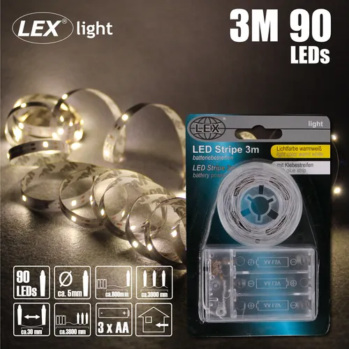 LED Lichterstreifen 3 Meter warmweiß – Batteriebetrieben