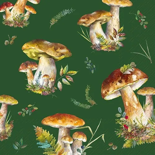 Servietten Mushroom Collection green Pilze Wald Farne Pflanzen grün 33x33cm 20