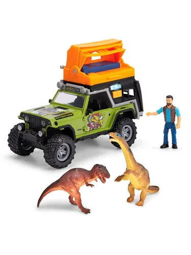 Dickie Toys PKW Modell Dino Camper - Spielzeugauto mit Freilauf Jeep, Licht und Sound. Enthält ein Dachzelt, Leiter, Figur und 2 Dinos für kreatives Spielen.