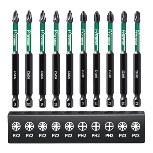 Pronese 10 Stück 90mm PZ2 & PH2 & PZ3 Magnetische Schlagschrauber-Bits, Lange S2 Stahl Magnetbohrer