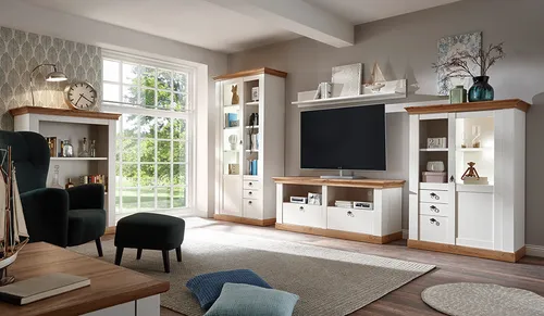 Lomadox Wohnzimmer-Set LINARES-61, 2-tlg. mit LED - Wohnzimmerschränke mit modernem Landhausstil in Pinie weiß & Wotan Eiche Nb., kratz- und stoßfest, perfekt für stilvolle Wohnräume.