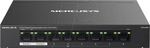 Mercusys MS108GP PoE Switch 8-Port - 8-Port Gigabit LAN Switch mit 7 PoE+ Ports, unterstützt bis zu 30 W pro Port, lüfterlos und Plug-and-Play für einfache Installation. Ideal für effiziente Netzwerklösungen.
